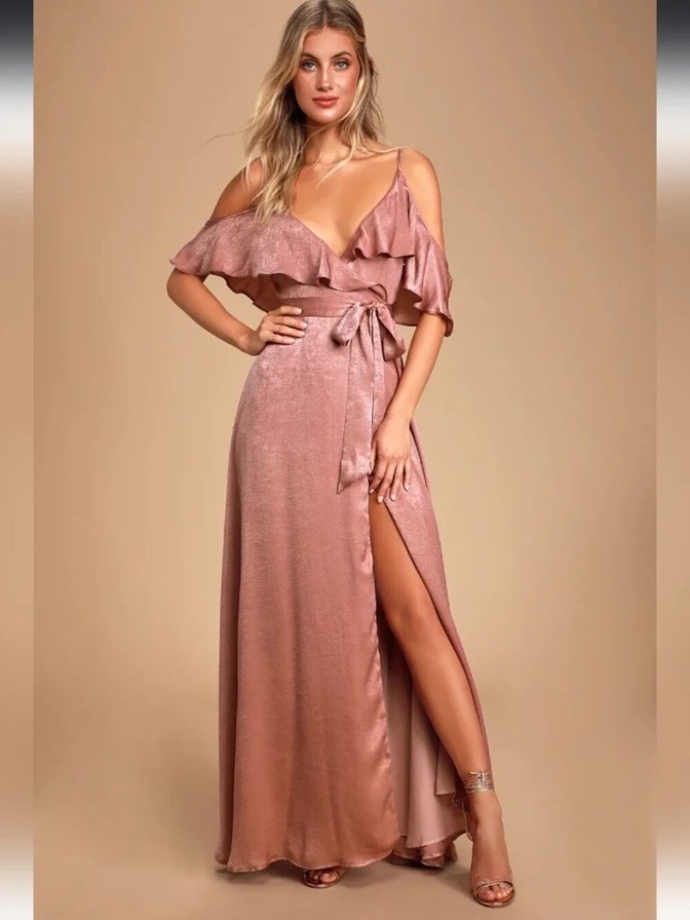 Lulus Moriah Rose Satin Cold-Shoulder Wrap Maxi Dress XL NWT